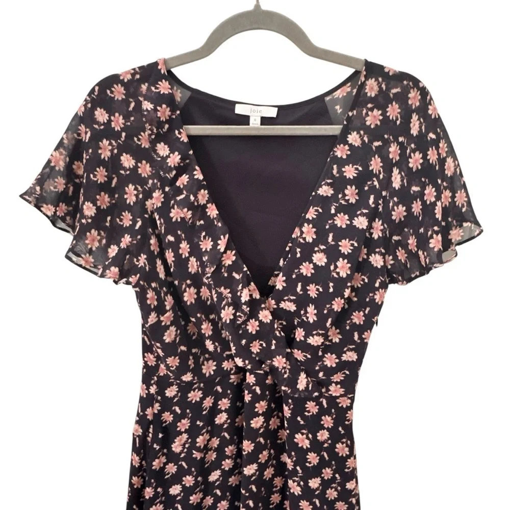 Joie 100% Silk Orita B Dress in "Midnight" Floral Black Pink Size 6 - Picture 6 of 15